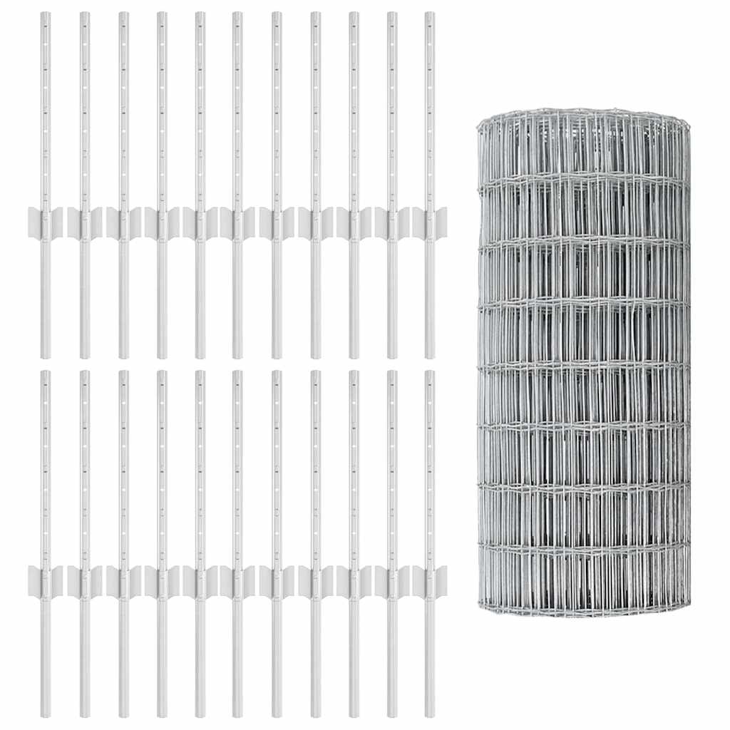 vidaXL Ευρωπαϊκό Φράχτη με 22 Στυλίσκους Ασημί 0,4x50 μ Ατσάλι