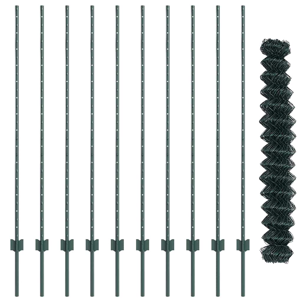 vidaXL Φράχτης Αλυσίδας με 10 Υ Πόστες Πράσινος 1.4x10 m Χάλυβας
