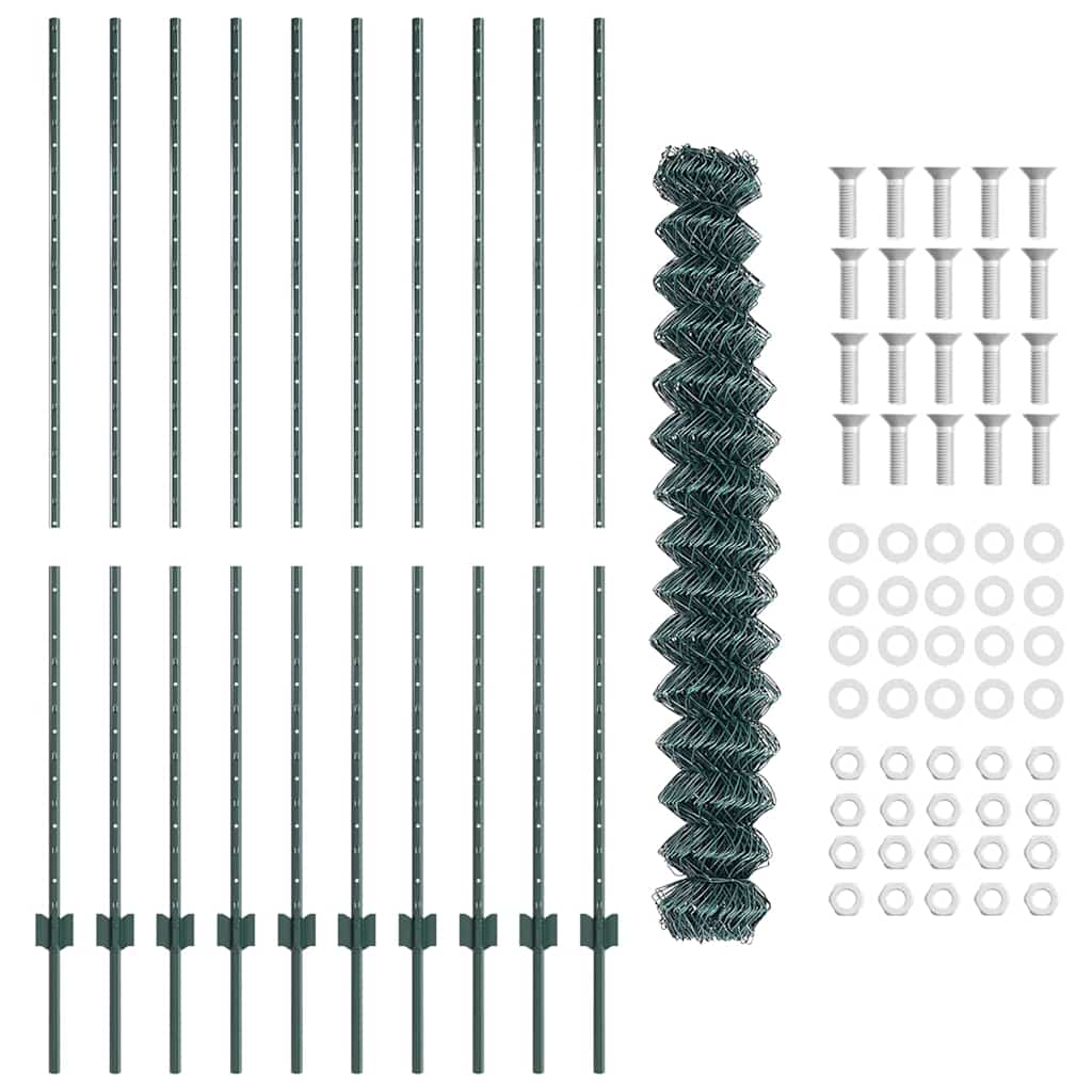 vidaXL Φράχτης αλυσίδας με 10 ποστάρια Πράσινος 1.6x10 μ Ατσάλι