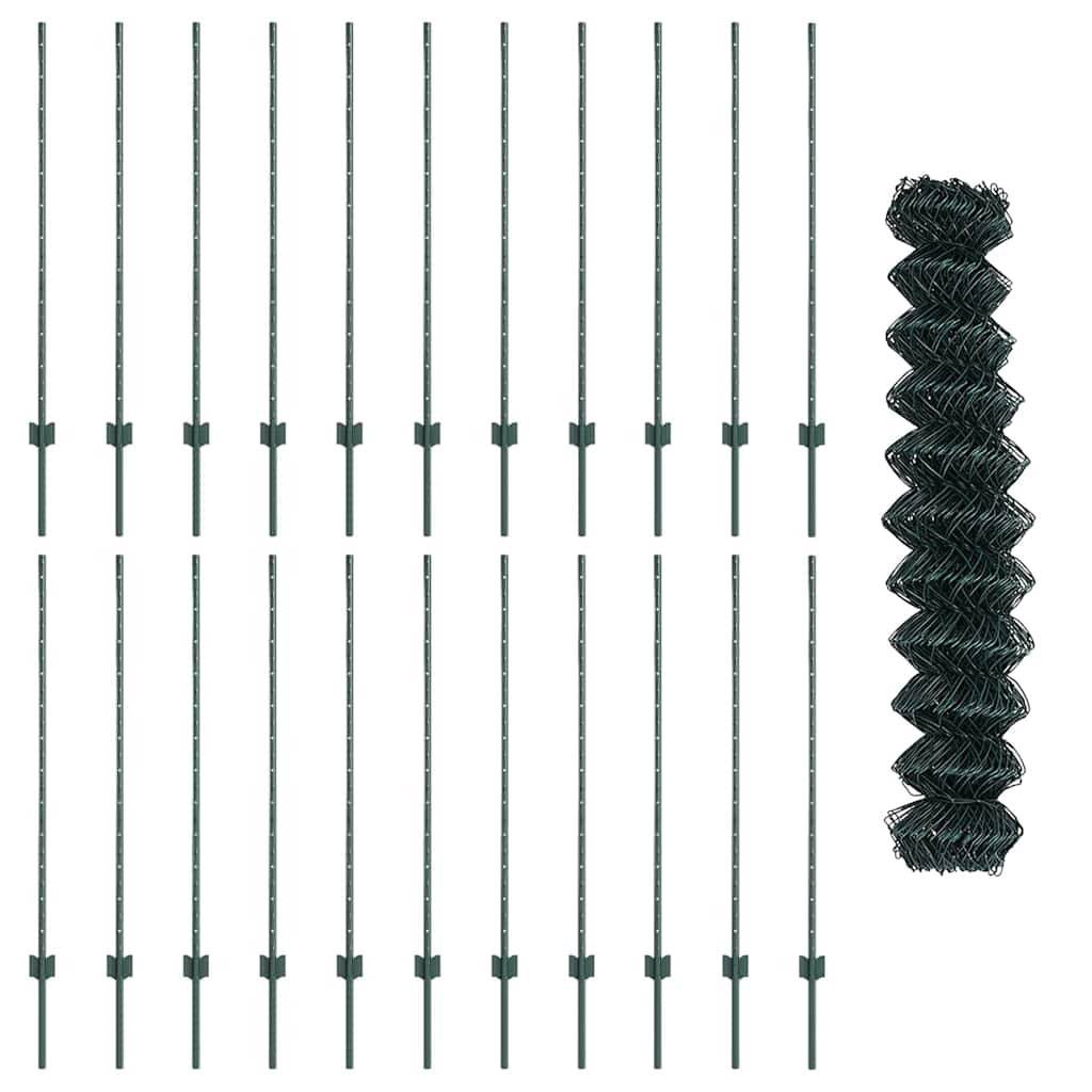 vidaXL Φράχτης Αλυσίδας με 22 U Posts Πράσινος 1.2x25 μ Χάλυβα