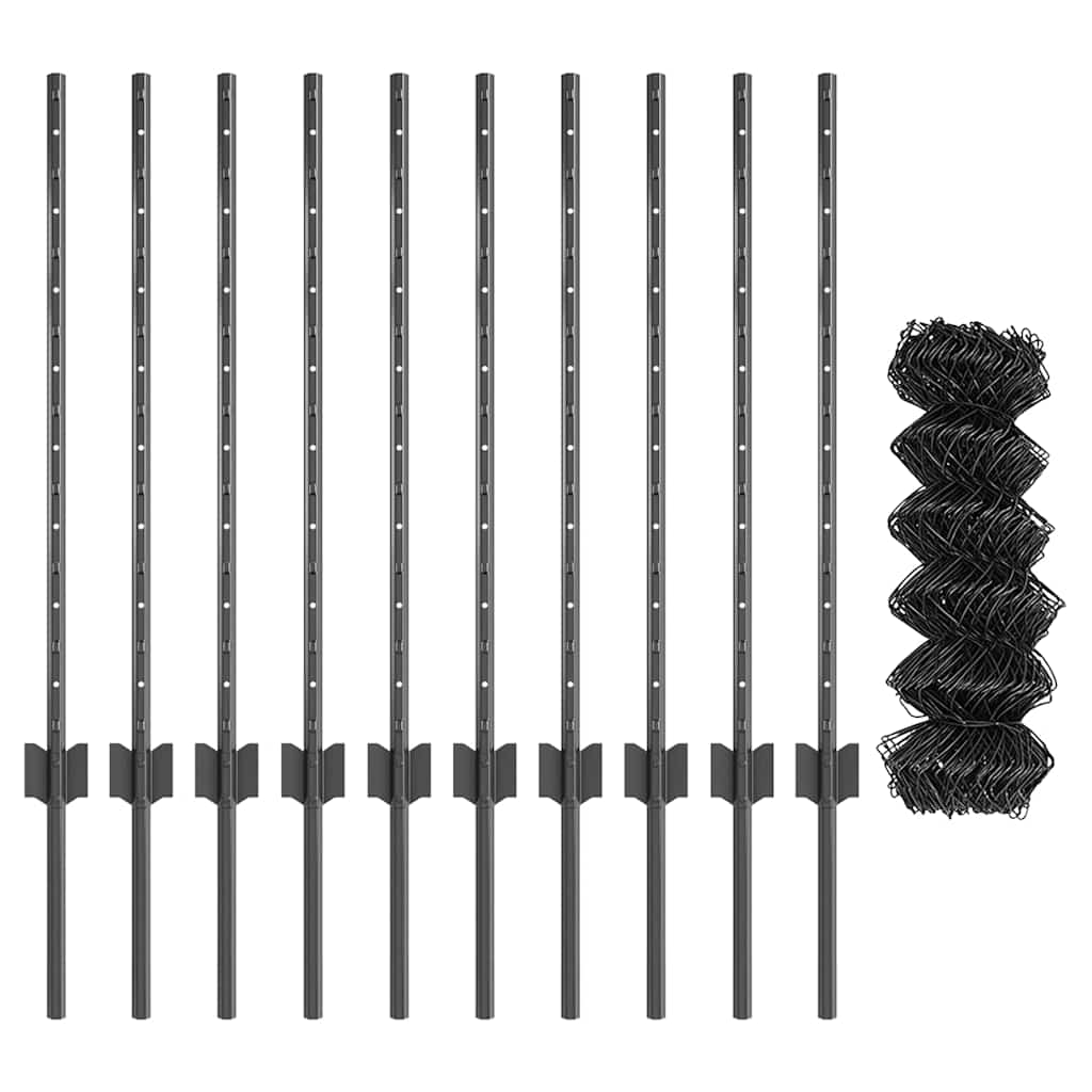 vidaXL Φράχτης Συρμάτινης Αλυσίδας με 10 πόλους U Γκρι 0.8x10 μ Ατσάλι