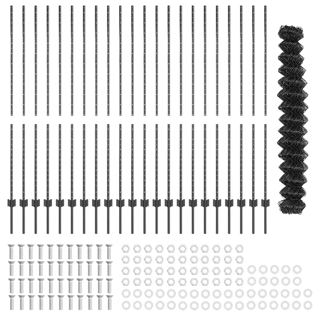 vidaXL Φράχτης Αλυσίδας με 44 U Posts Γκρι 1.6x25 μ Χάλυβας