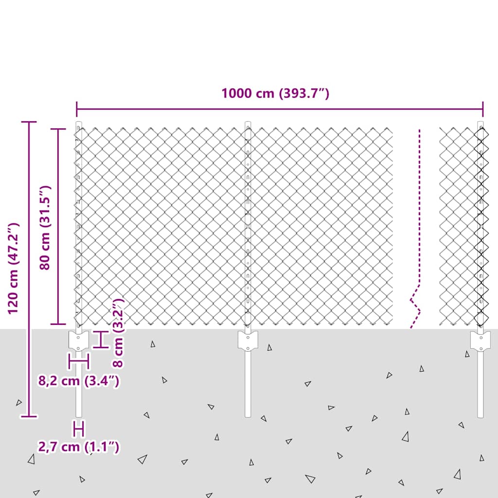 vidaXL Φράχτης αλυσίδας με στήλη 10 x 0,8 μ Γαλβανισμένος Χάλυβας