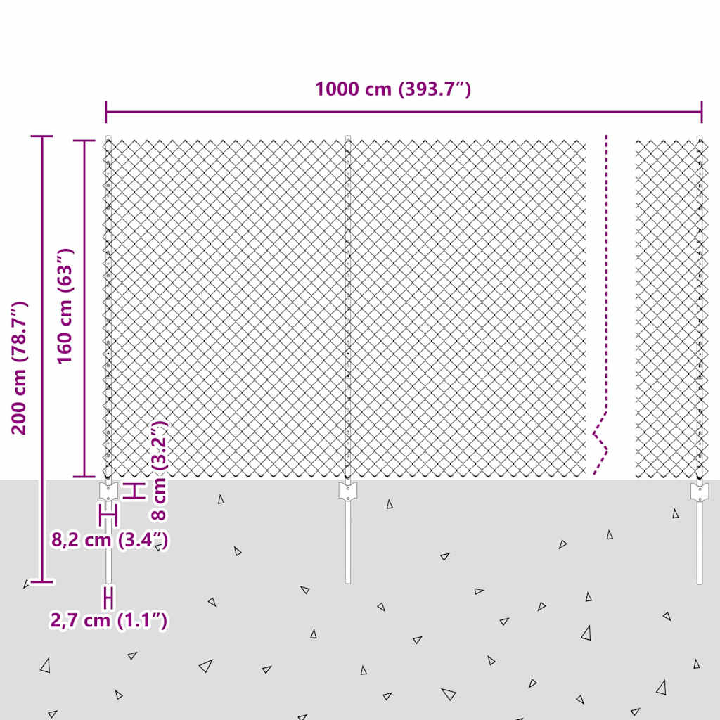 vidaXL Φράχτης αλυσίδας με στήλη 10 x 1,6 m Γαλβανισμένος Χάλυβας