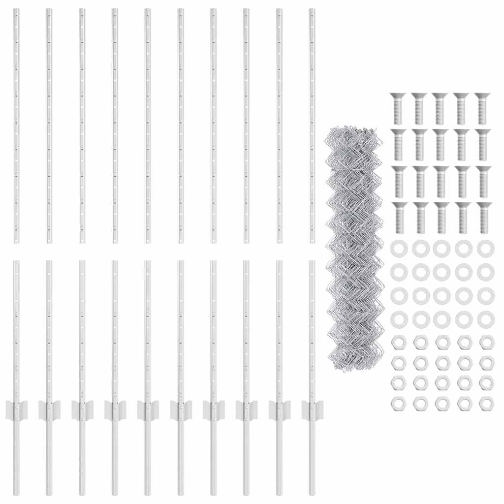 vidaXL Φράκτης Αλυσίδας με 20 Στυλίδια Ασημένιος 1.2x10 μ Χάλυβας