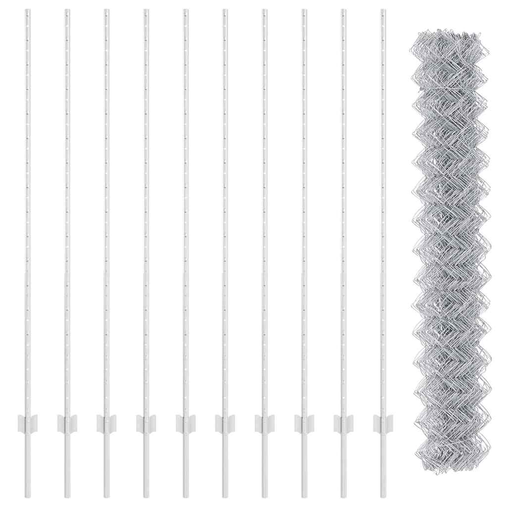 vidaXL Φράχτης αλυσίδας με 20 U Posts Ασημένιο 1.5x10 μ. Χάλυβα