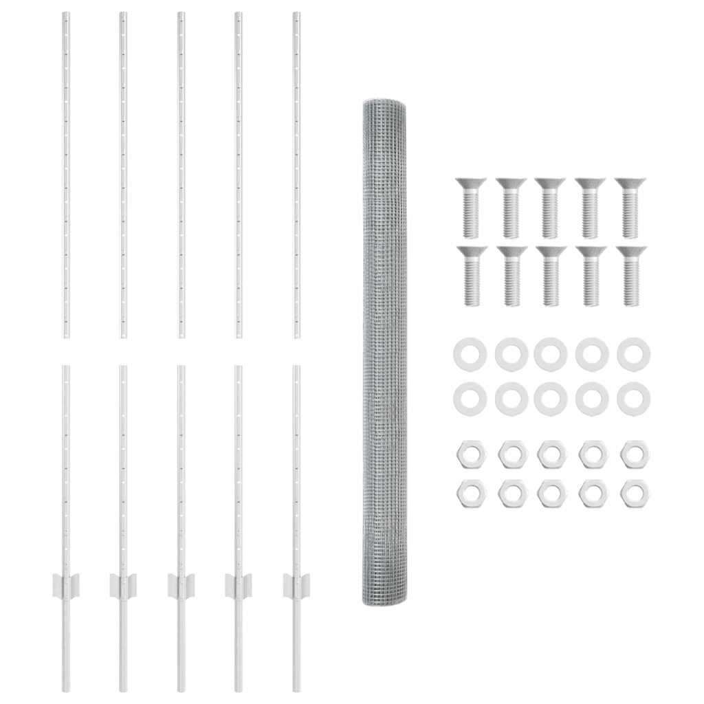 vidaXL Συρμάτινος Φράχτης με 10 Πόλους Ασημί 1.4x10 μ Χάλυβα