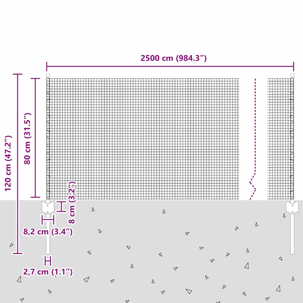 vidaXL Φράχτης Συρματόπλεγμα με 11 U Πόδες Ασημί 0.8x25 μέτρα Ατσάλι