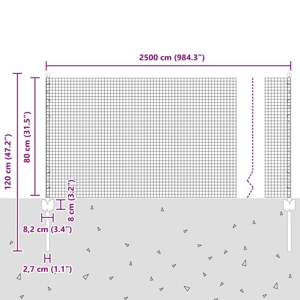 vidaXL Περίφραξη από Συγκολλητό Σύρμα με 11 Άλτες U Ασημί 0.8x25μ Ατσάλι