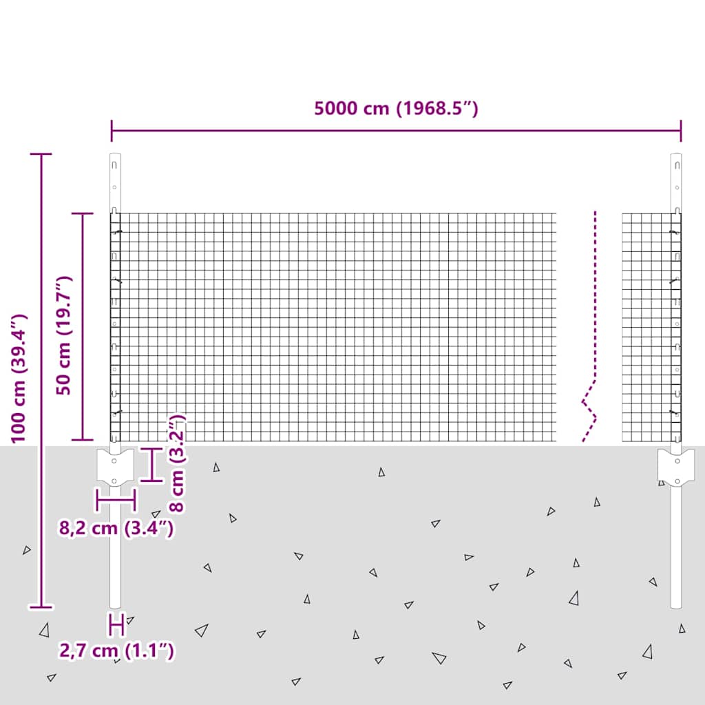 vidaXL Φράχτης με Συγκόλληση με 22 Υποστηρίγματα Ασημί 0.5x50 μ Χάλυβας