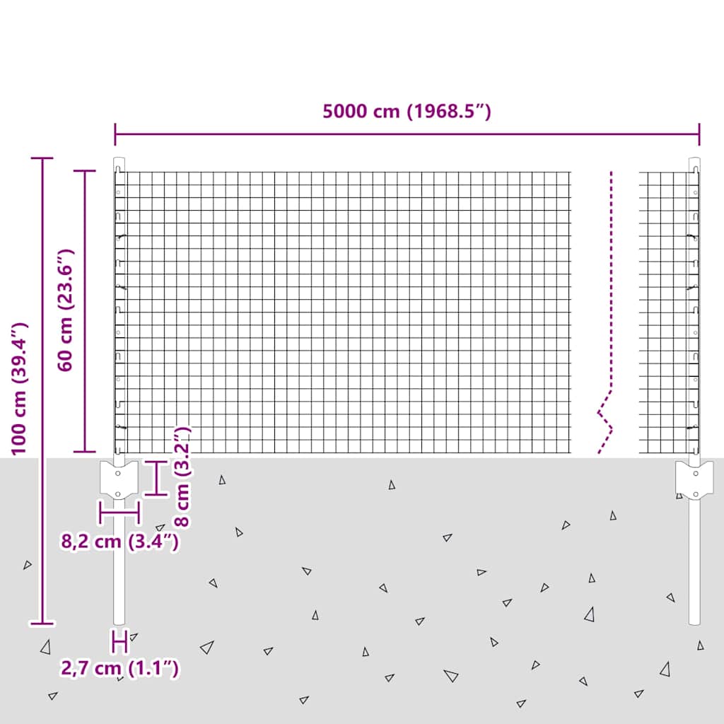 vidaXL Φράχτης Από Σφυρηλατημένο Συρμά με 22 Στήλες Ασημί 0.6x50 μ Χάλυβας