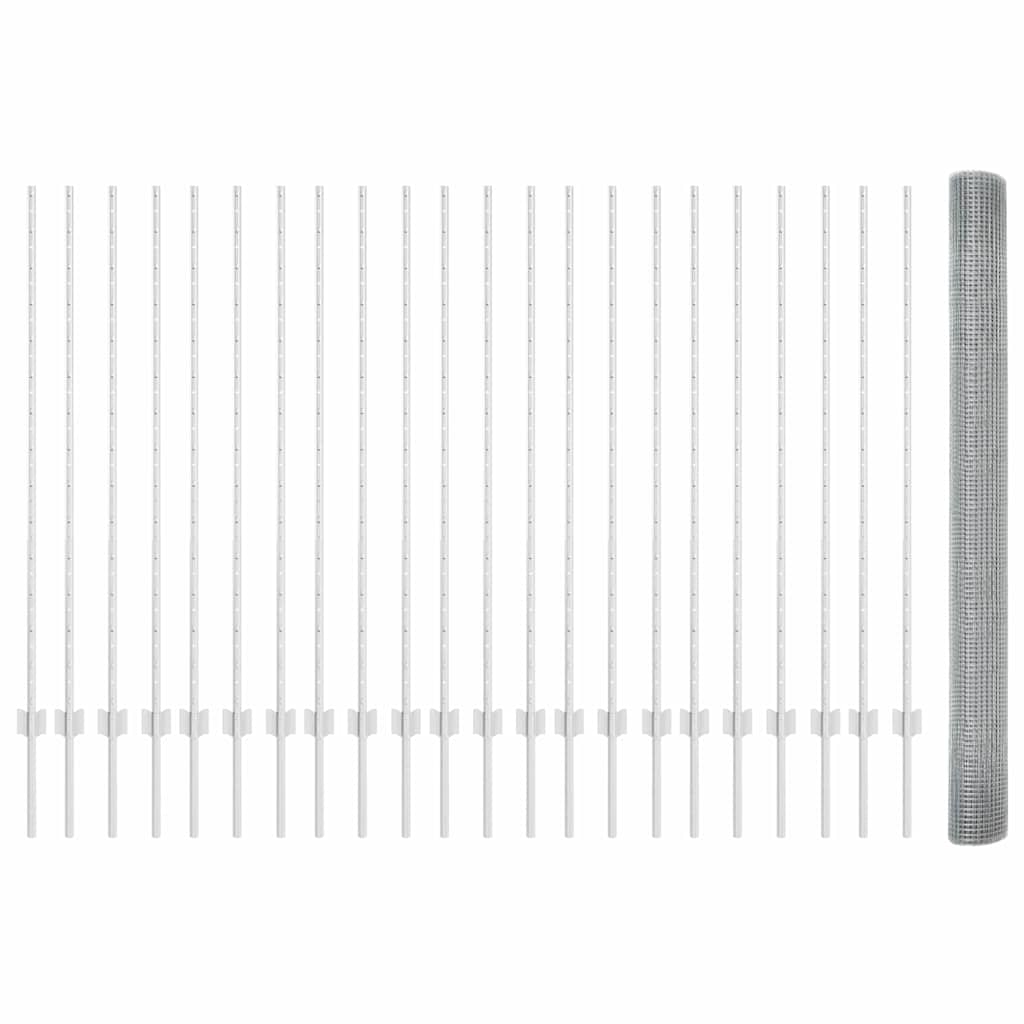 vidaXL Γαλβανισμένος Συρμάτινος Φράχτης με 44 U Πόστα Ασημί 1.4x50 μ Χάλυβα