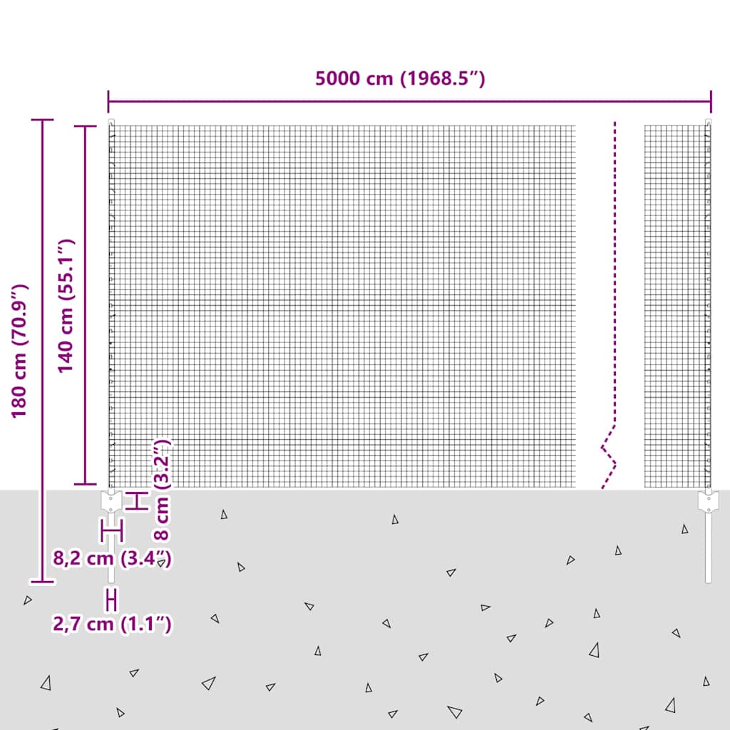 vidaXL Γαλβανισμένος Συρμάτινος Φράχτης με 44 U Πόστα Ασημί 1.4x50 μ Χάλυβα