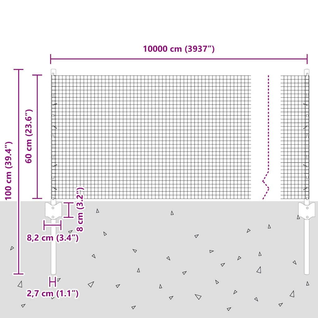 vidaXL Γαλβανισμένος συρμάτινος φράκτης με 44 U Posts ασημί 0.6x100 μ ατσάλι