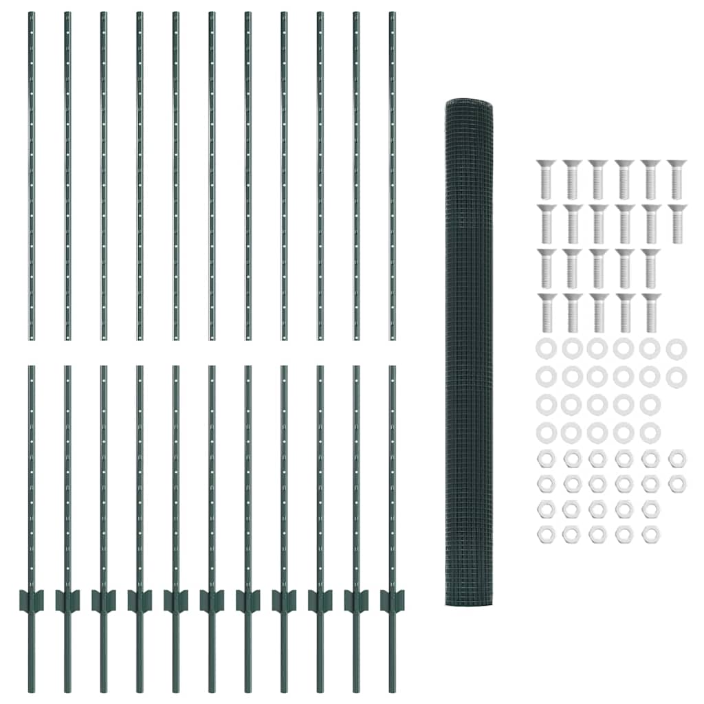 vidaXL Φράκτης με 11 Υποστηρίγματα Πράσινος 1.6x25 μ Χάλυβας