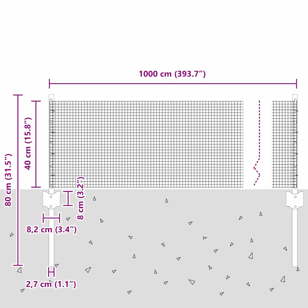 vidaXL Συρμάτινος Φράχτης με 5 U Πόστες Γκρι 0.4 x 10 μ Χάλυβας