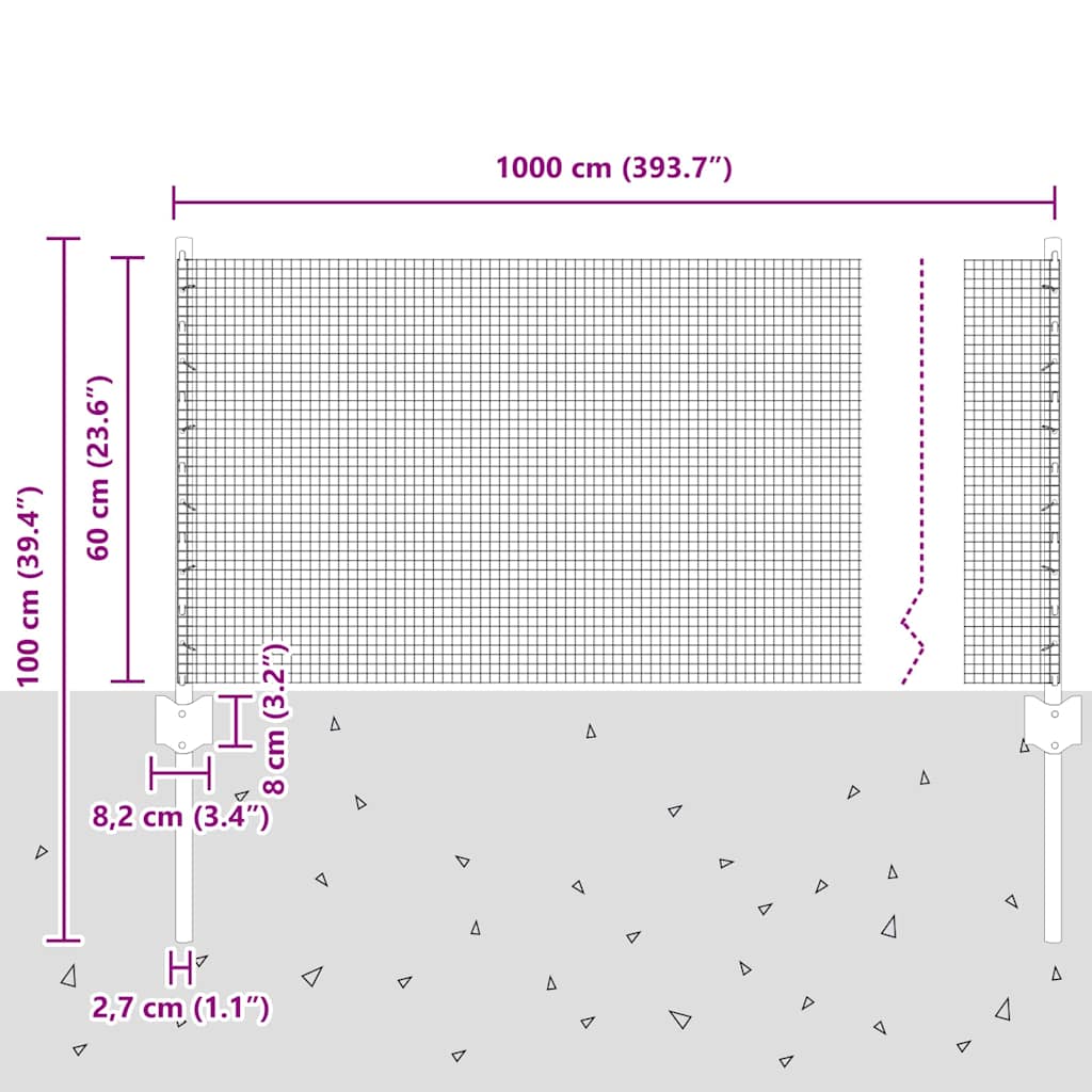 vidaXL Συρμάτινος Φράχτης με 5 Υποστηρίγματα Γκρίζος 0.6x10 μ Χάλυβας