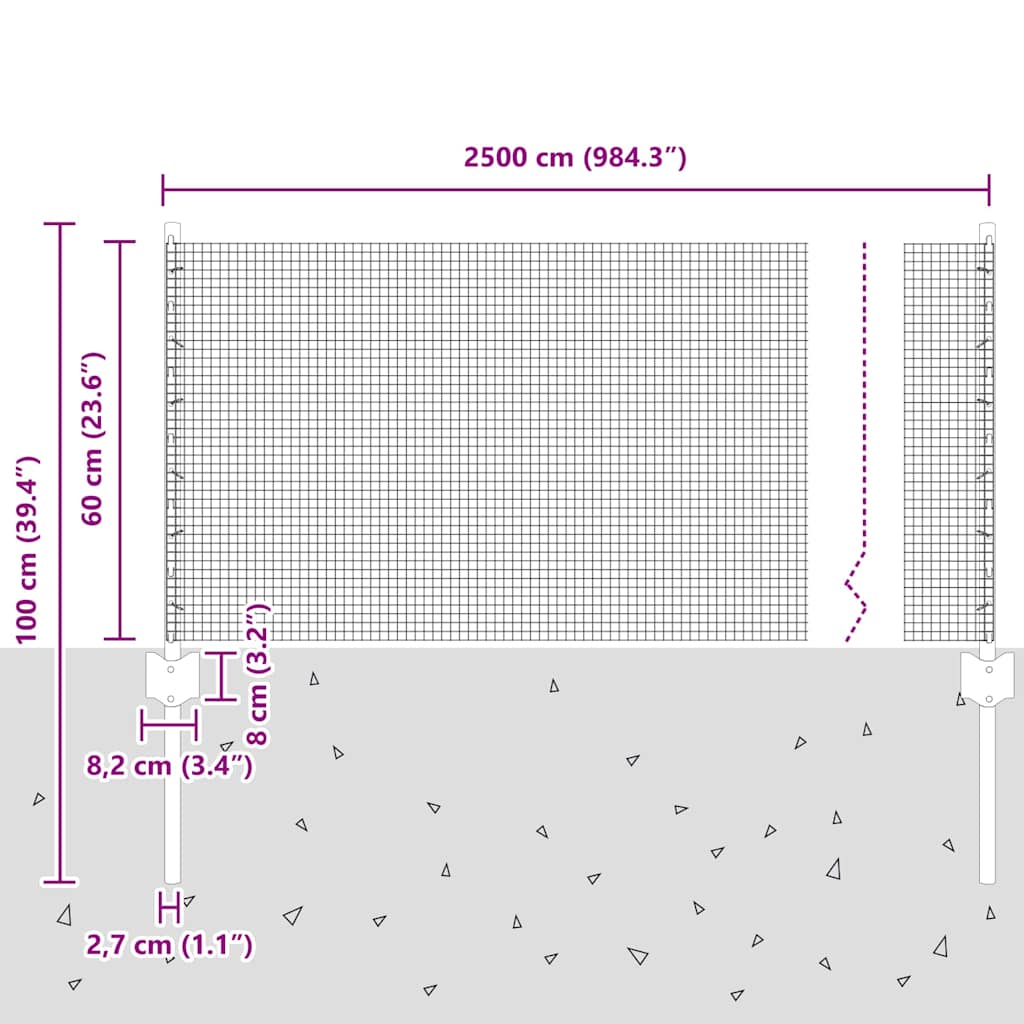 vidaXL Συρματόπλεγμα με Στυλίς 25 x 0,6 μ PVC-Επικαλυμμένο Ατσάλι Γκρι