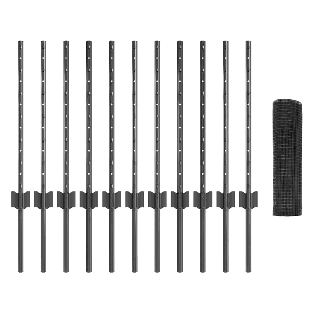 vidaXL Φράκτης Welded Wire με 11 U Posts Γκρι 0.6x25 μ Ατσάλι