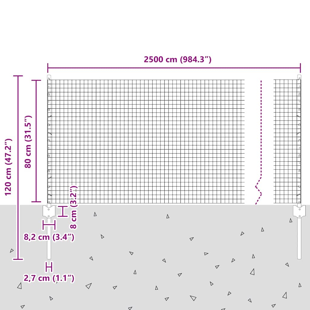 vidaXL Συρμάτινος Φράχτης με 11 Υ Πόδια Γκρι 0.8x25 μ Μέταλλο