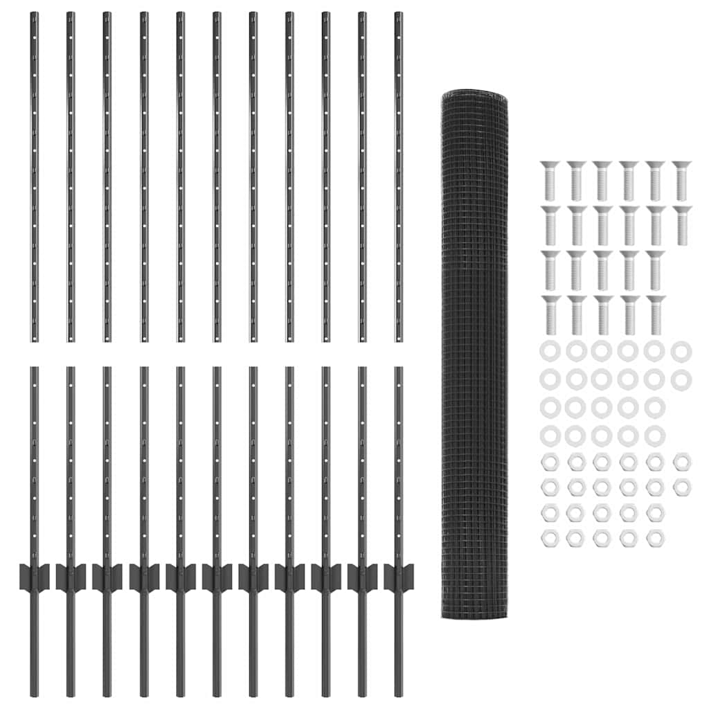 vidaXL Φράχτης συρμάτινου πλέγματος με 22 U Πόλους Γκρι 1.2x25 μ Μέταλλο