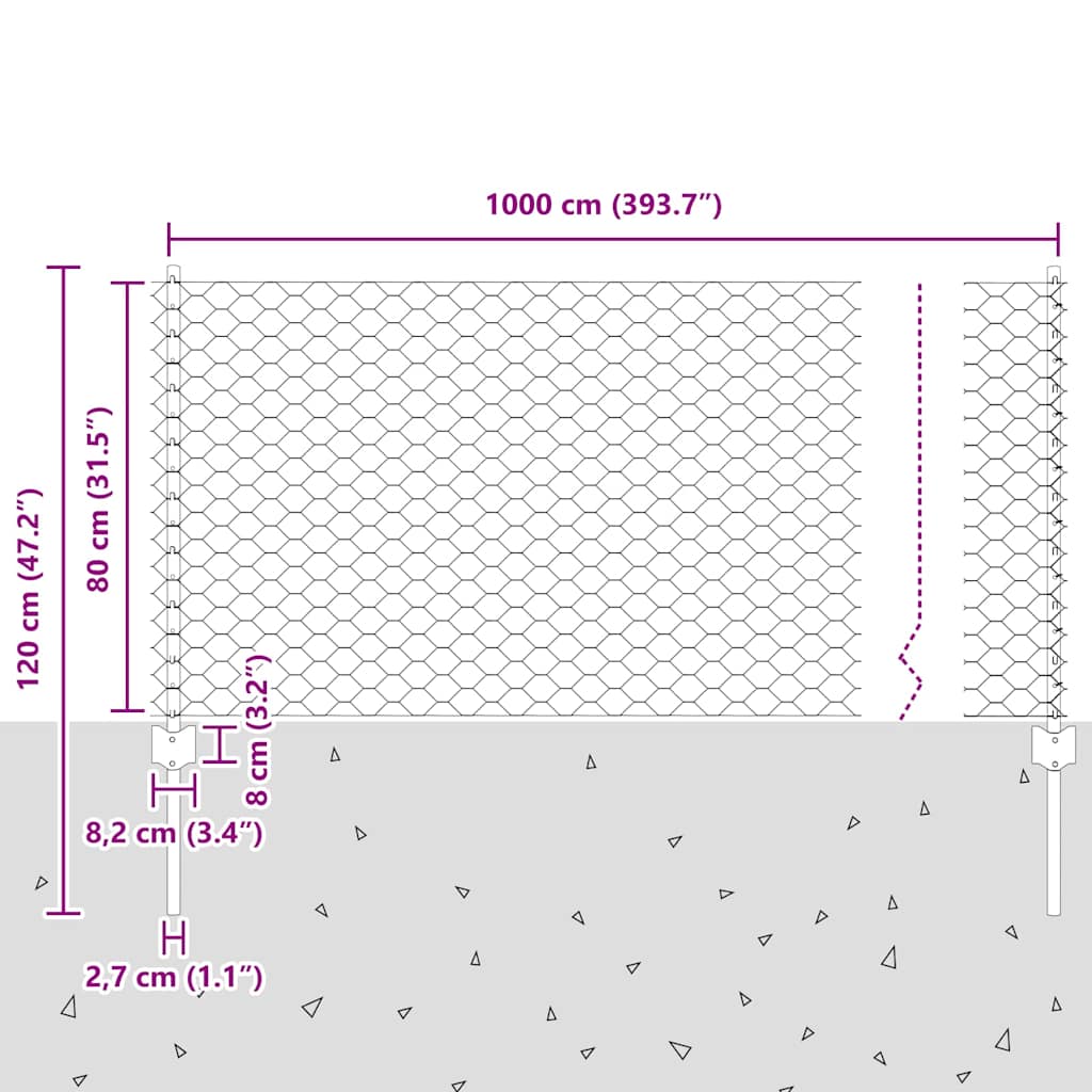 vidaXL Εξαγωνική Φράχτη με Στύλο 10 x 0,8 μ Γαλβανισμένος Χάλυβας
