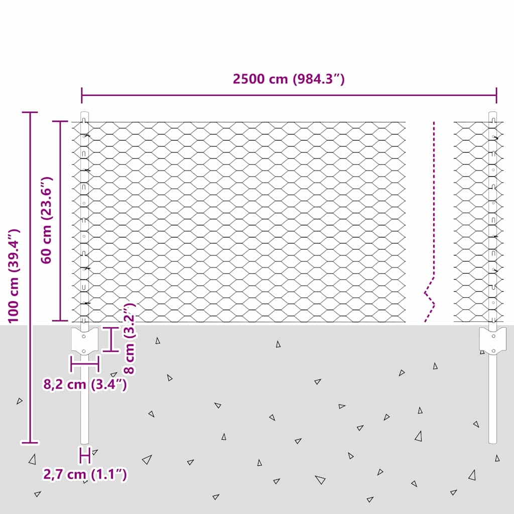 vidaXL Εξαγωνική Φράχτη με Στύλο 25 x 0,6 μ Γαλβανισμένος Χάλυβας