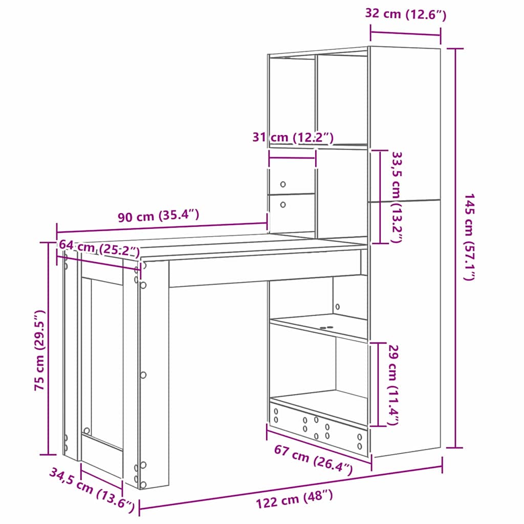 vidaXL Γραφείο Μαύρη δρυς 122 x 67 x 145 εκ. Επεξεργασμένο ξύλο