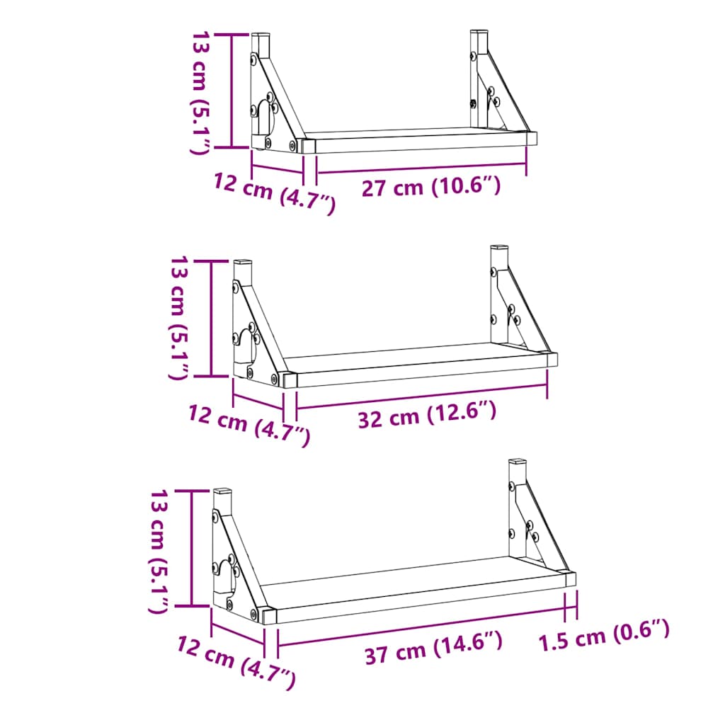 vidaXL Ράφι Τοίχου Επιτοίχιο με αποθήκευση 3 pcs Μαύρη Οξυά