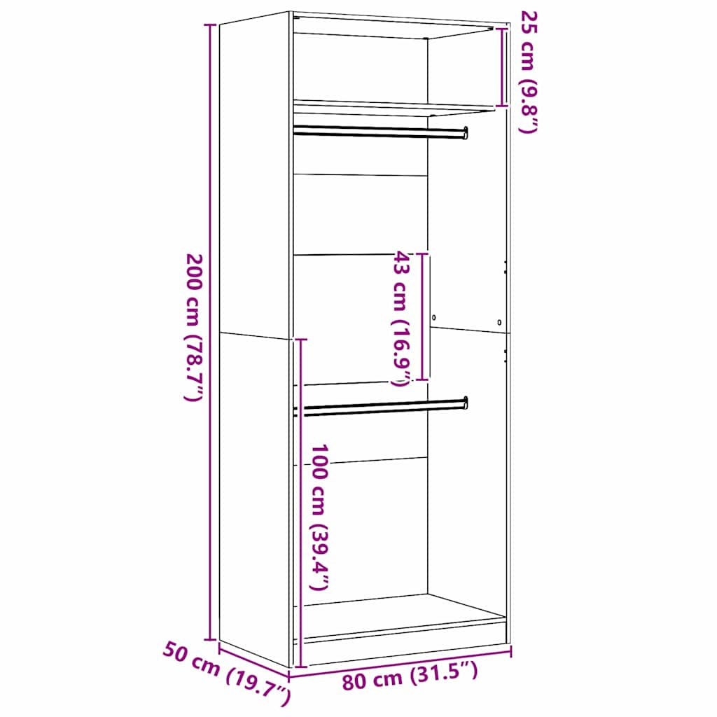 vidaXL Ντουλάπι Μαύρη δρυς 80 x 50 x 200 εκ. Επεξεργασμένο ξύλο