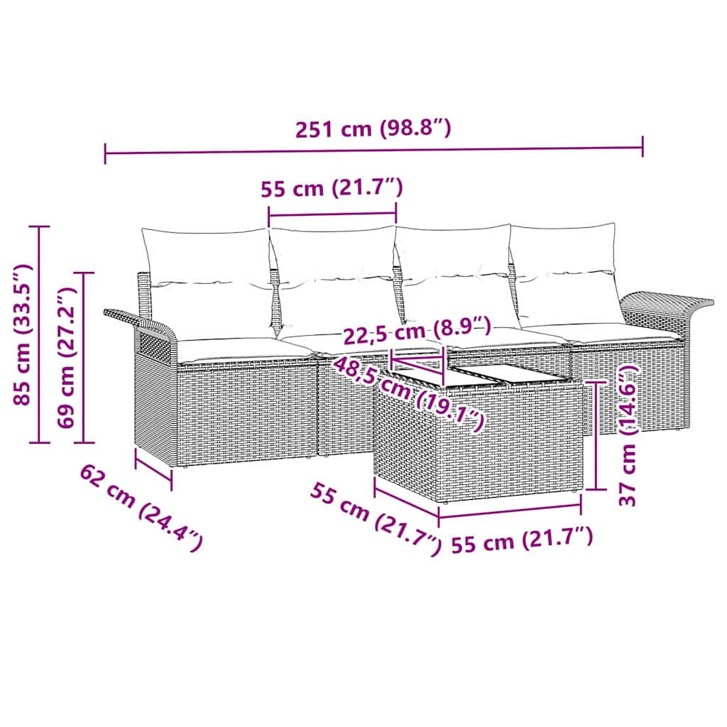vidaXL Σετ Κήπου 5 τεμαχίων με Μαξιλάρια Καφέ Πολυ Ρατάν