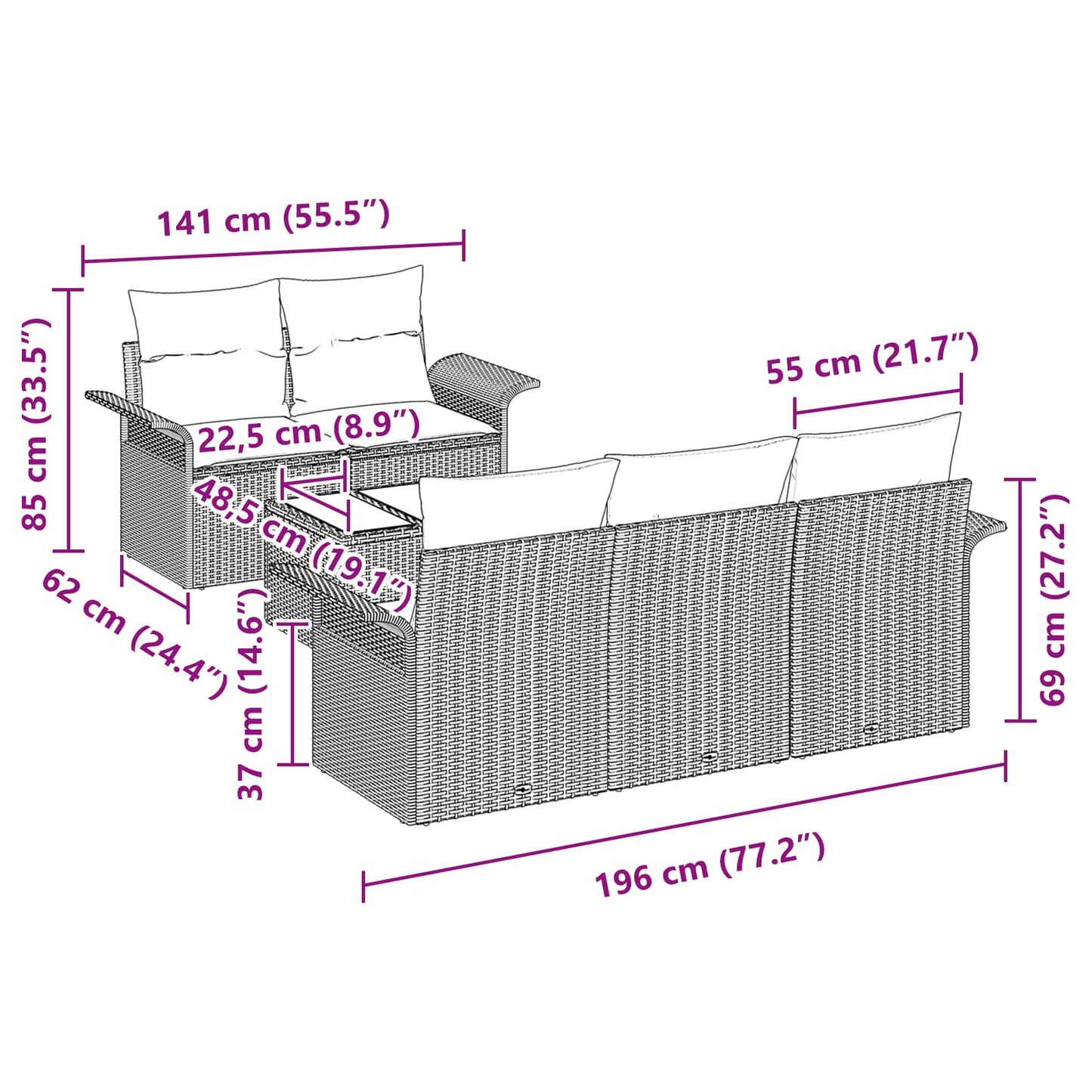 vidaXL Σετ Καναπέ Κήπου με μαξιλάρι 6 pcs Μαύρο συνθετικό ρατάν
