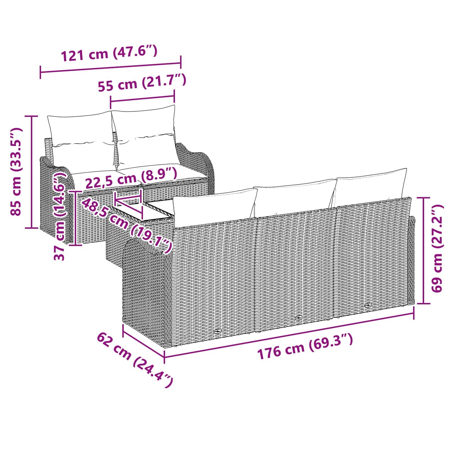 vidaXL Σετ Καναπέ Κήπου Γκρι 55 x 55 x 37 εκ συνθετικό ρατάν