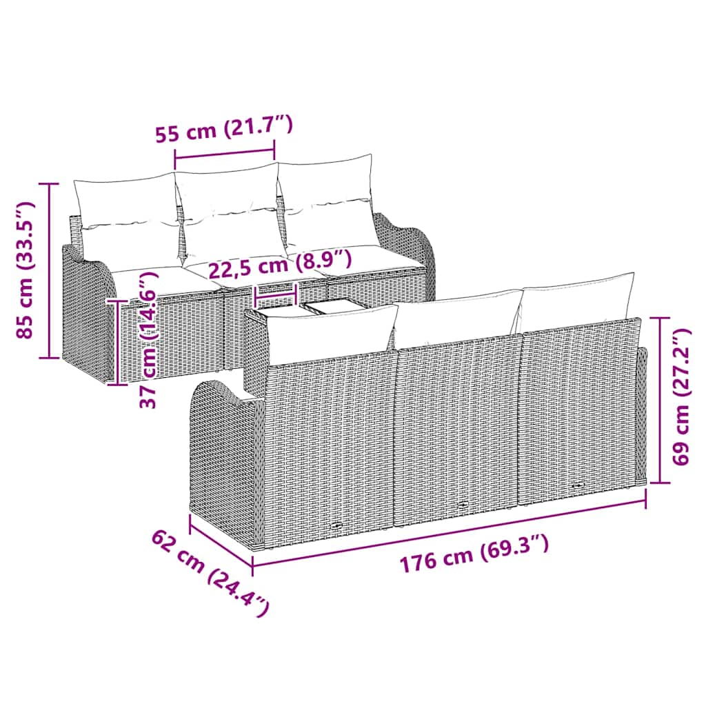 vidaXL 7 τεμαχίων Σετ Καναπέ Κήπου με Μαξιλάρια Γκρι Πολυ Ρατάν