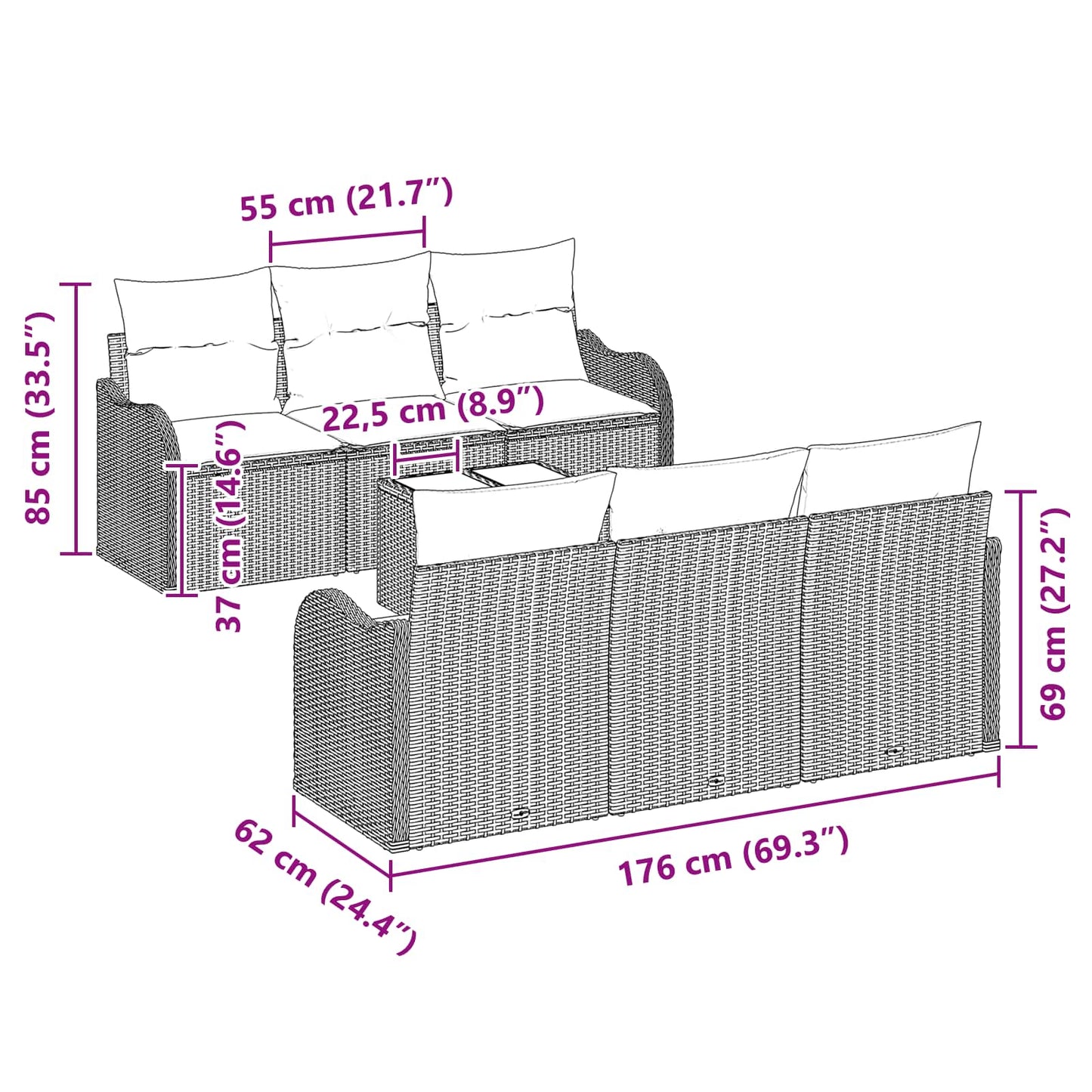vidaXL Σετ Καναπέ Κήπου Γκρι 55 x 55 x 37 εκ συνθετικό ρατάν