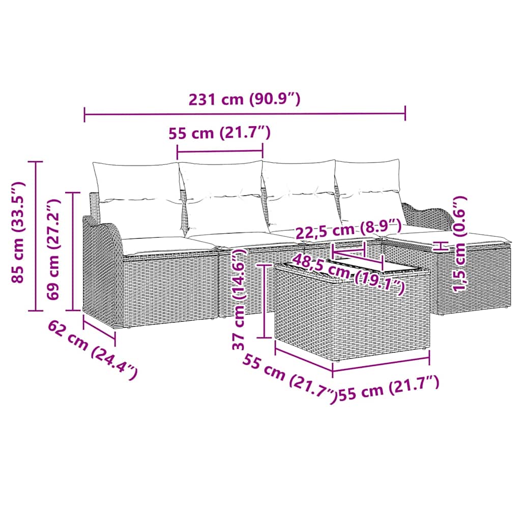 vidaXL Σετ Κήπου 6 Τεμαχίων με Μαξιλάρια Μπεζ Πολυ Ρατάν, vidaXL Καναπές Κήπου 2 Θέσεων με Μαξιλάρια Μαύρο Πολυ Ρατάν