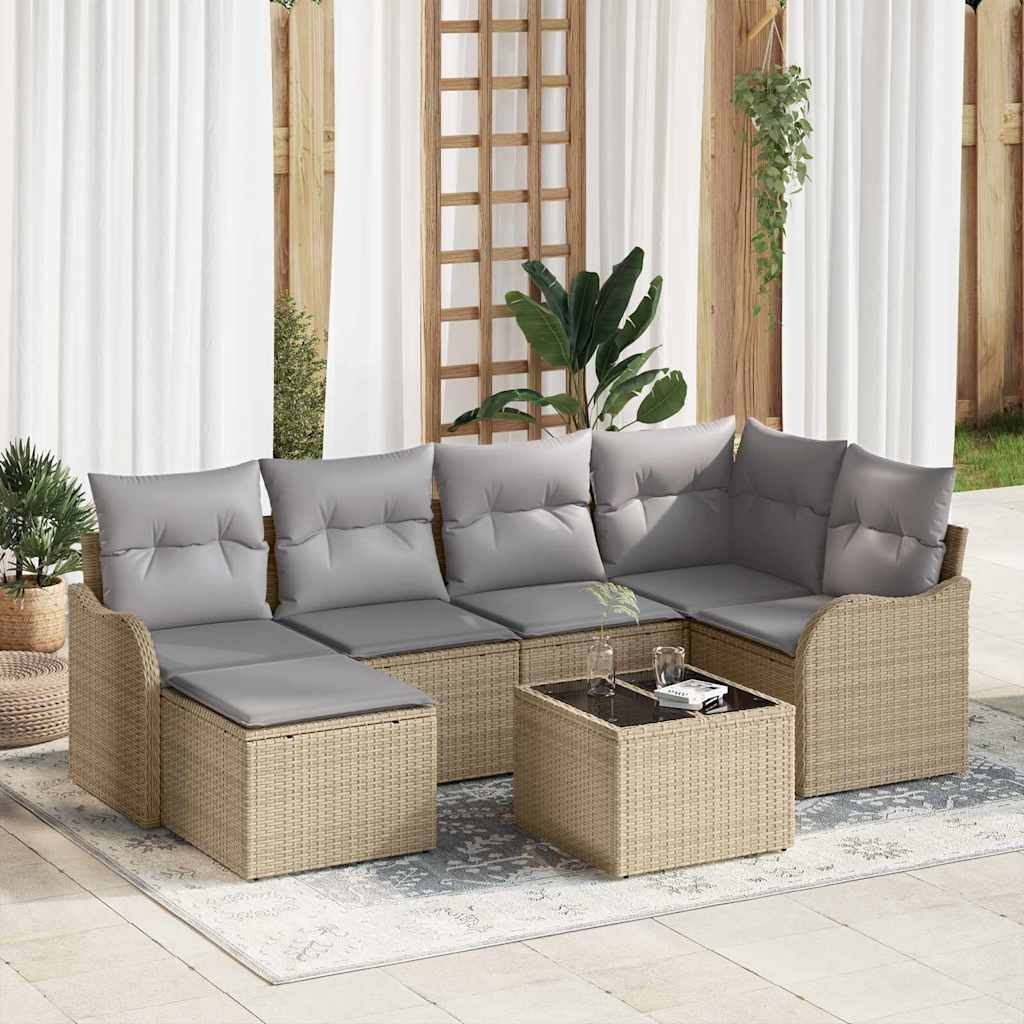 vidaXL Σετ Καναπέ Κήπου με μαξιλάρι 7 pcs Μπεζ Πολυ ράταν
