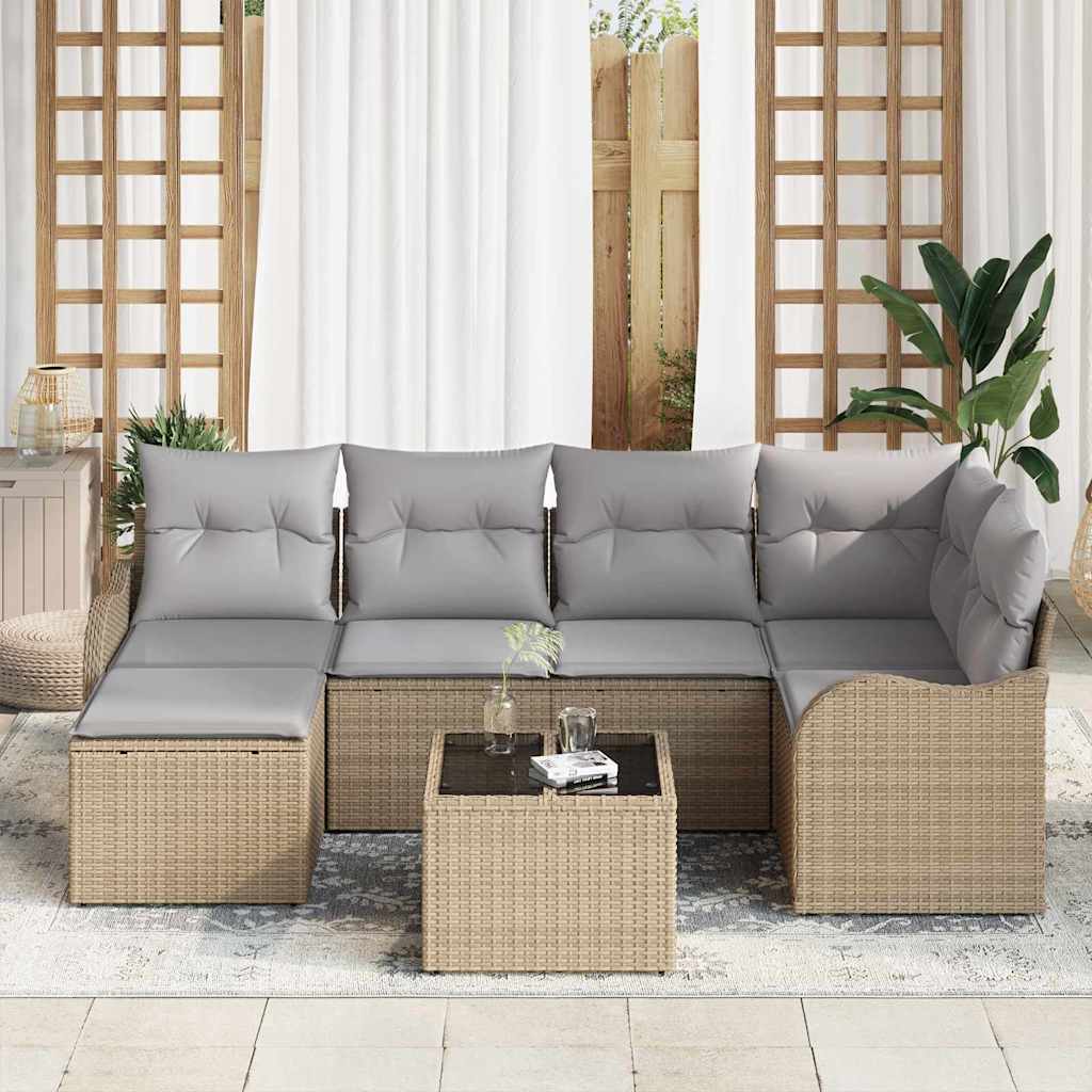 vidaXL Σετ Καναπέ Κήπου με μαξιλάρι 7 pcs Μπεζ Πολυ ράταν