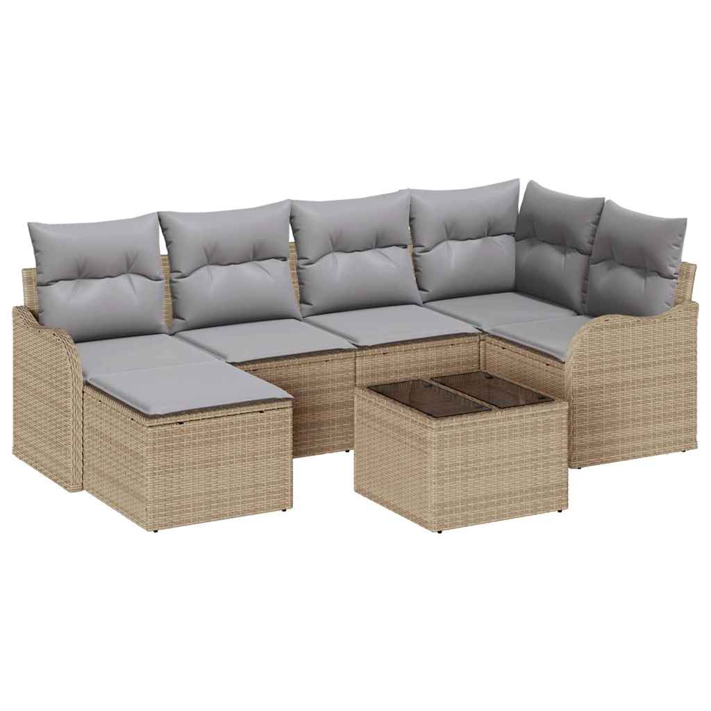vidaXL Σετ Καναπέ Κήπου με μαξιλάρι 7 pcs Μπεζ Πολυ ράταν