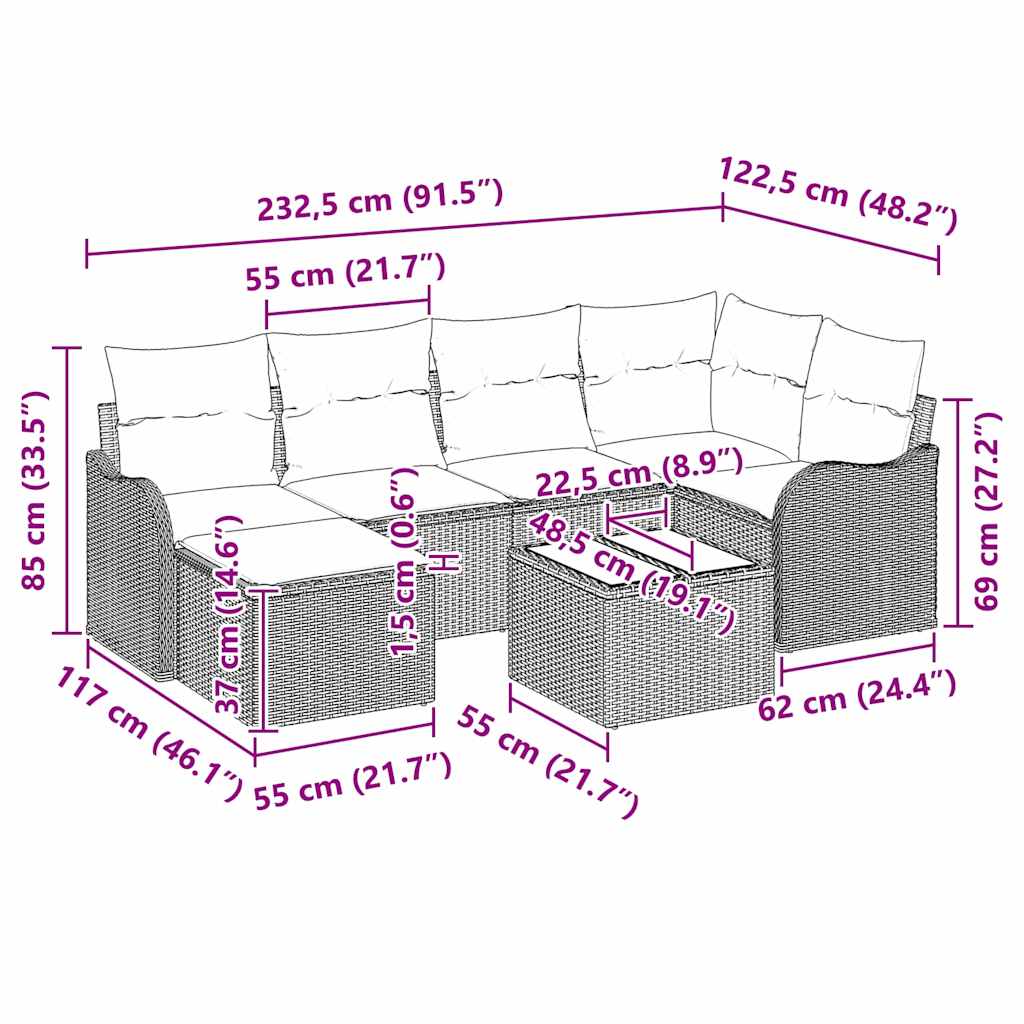 vidaXL Σετ Καναπέ Κήπου με μαξιλάρι 7 pcs Μπεζ Πολυ ράταν