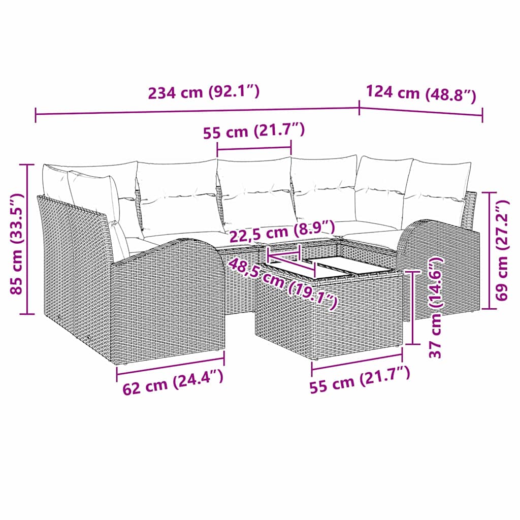 vidaXL Σετ 7 Τεμαχίων Σαλονιού Κήπου με Μαξιλάρια Ανοιχτό Γκρι Πολυ Ρατάν