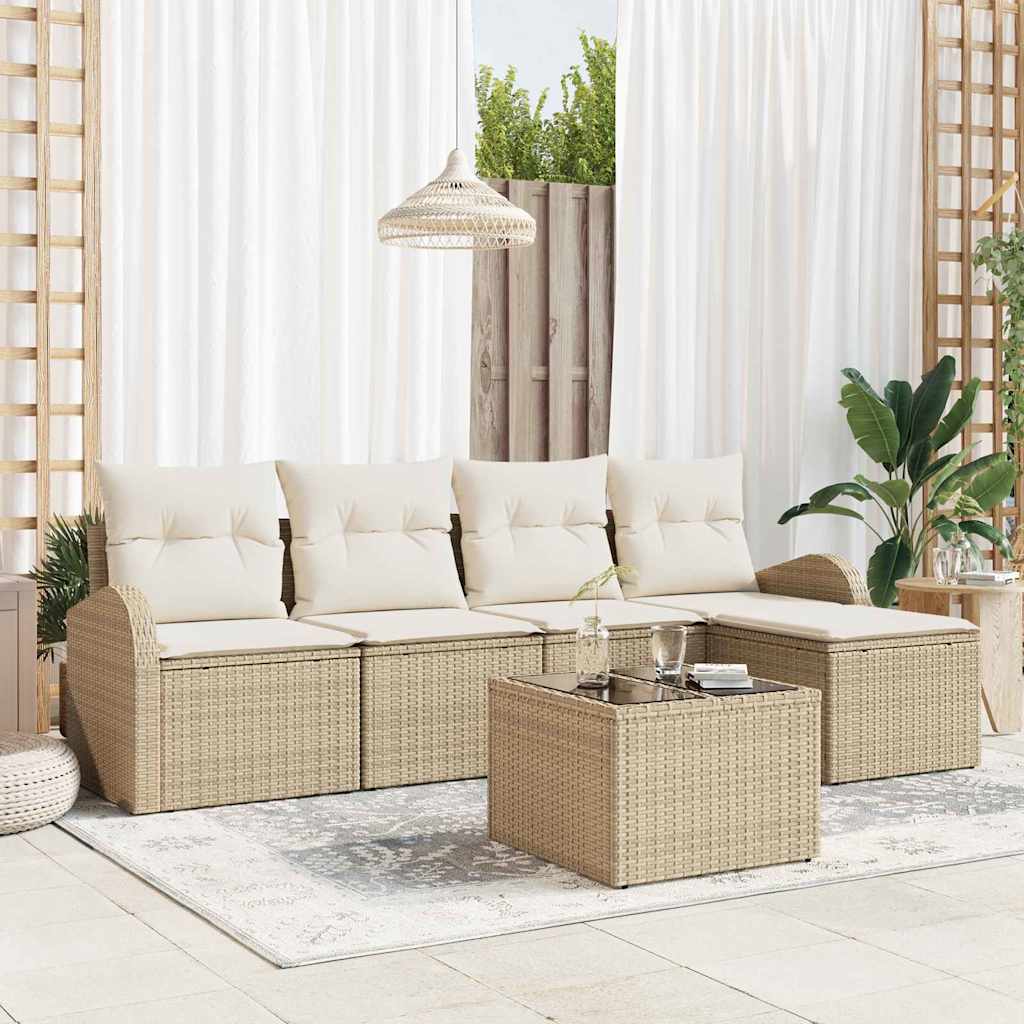 vidaXL Σετ Καναπέ Κήπου με μαξιλάρι 6 pcs Μπεζ Πολυ ράταν