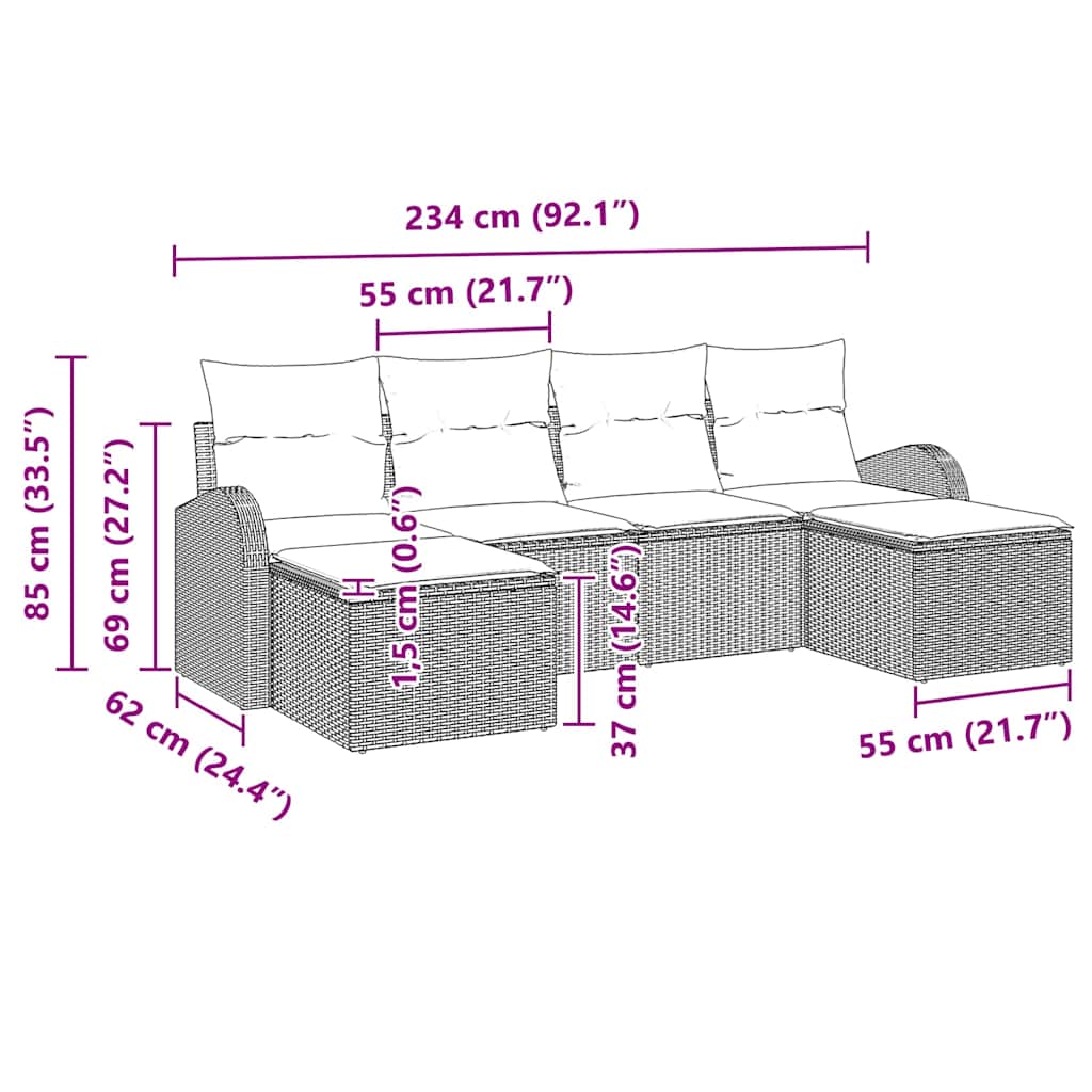 vidaXL 6 Τεμαχίων Σετ Καναπέ Κήπου με Μαξιλάρια Γκρι Πολυ Ρατάν