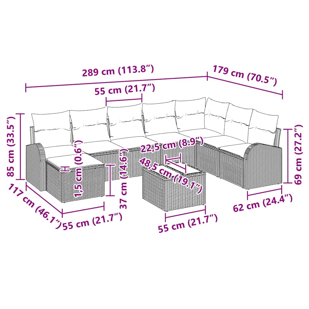 vidaXL Σετ Καναπέ Κήπου 9 Τεμαχίων με Μαξιλάρια Μαύρο Πολυ-Ρατάν