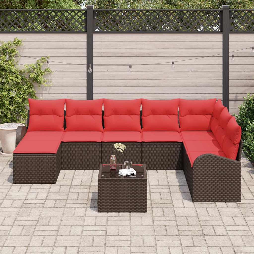 vidaXL Σετ Καναπέ Κήπου με μαξιλάρι 9 pcs Καφέ Πολυ Ρατάν