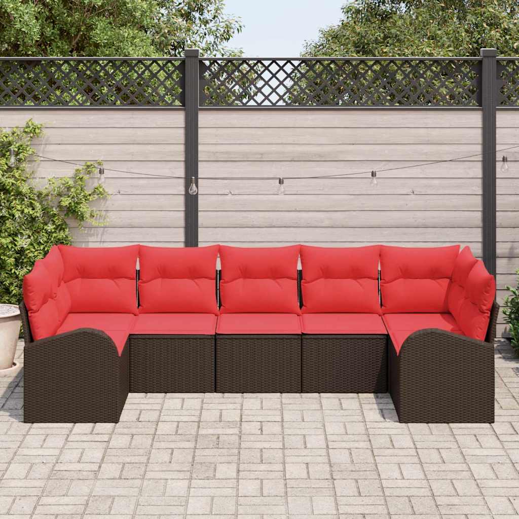 vidaXL Σετ Καναπέ Κήπου με μαξιλάρι 7 pcs Καφέ Πολυ Ρατάν
