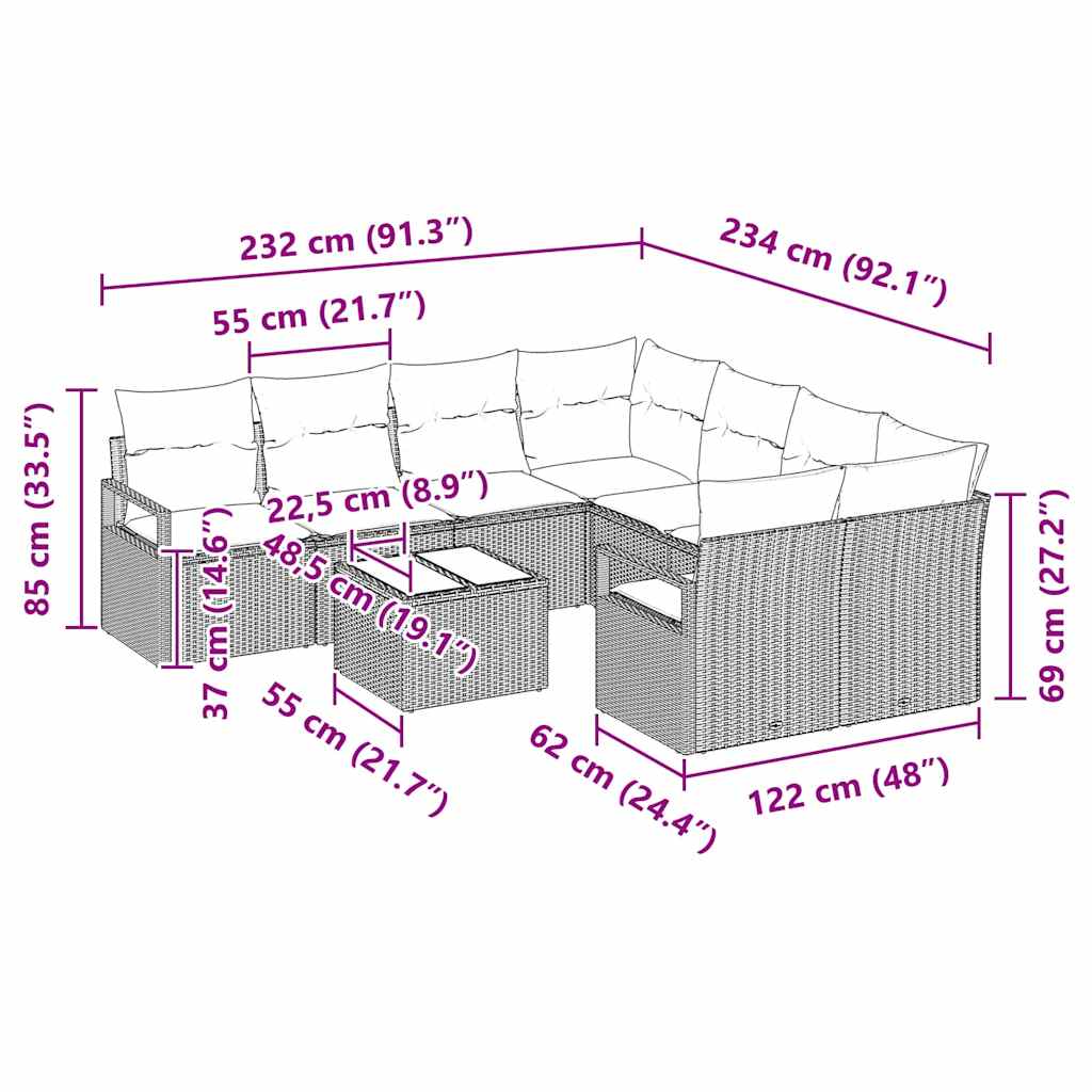 vidaXL Σετ Καναπέ Κήπου 9 Τεμαχίων με Μαξιλάρια Καφέ Πολυρότας