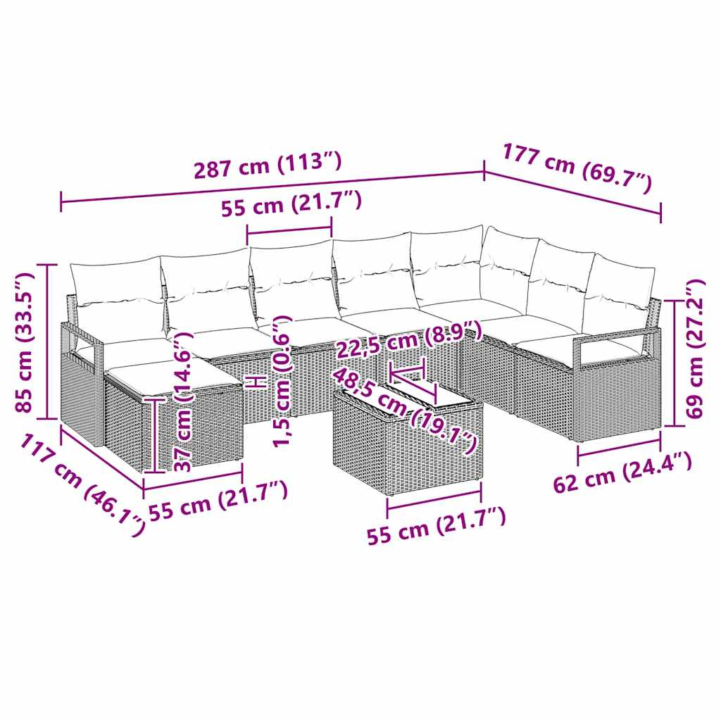 vidaXL Σετ Σαλονιού Κήπου 8 Τεμαχίων με Μαξιλάρια σε Καφέ Πολυ Ρατάν