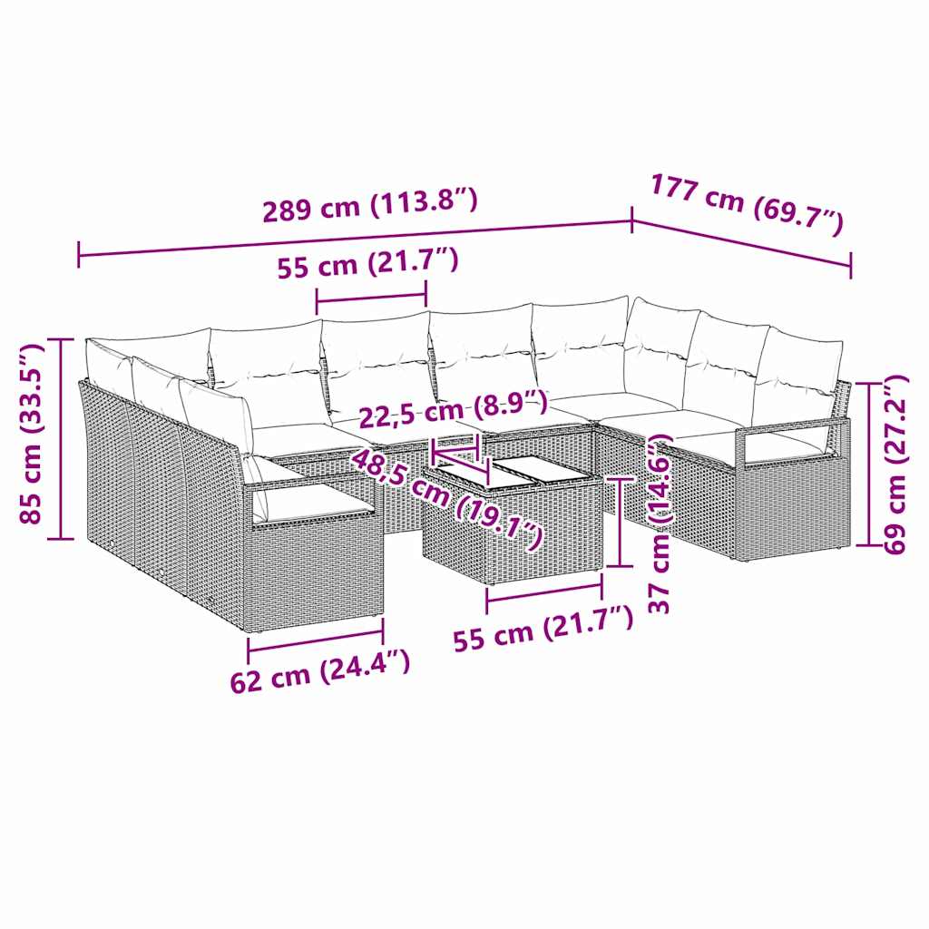 vidaXL Σετ 9 Τεμαχίων Καναπέ Κήπου με Μαξιλάρια Καφέ Πολυ Ρατάν
