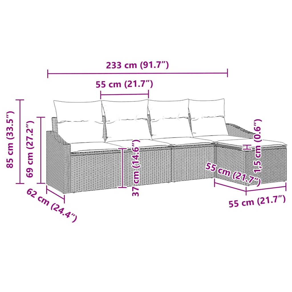 vidaXL 5 Τεμαχίων Σετ Καναπέ Κήπου με Μαξιλάρια Γκρι Πολυ Ρατάν